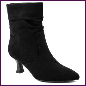 Vegan Suede Mid-Calf Boots Pointed Toe Kitten Heel Side Zipper